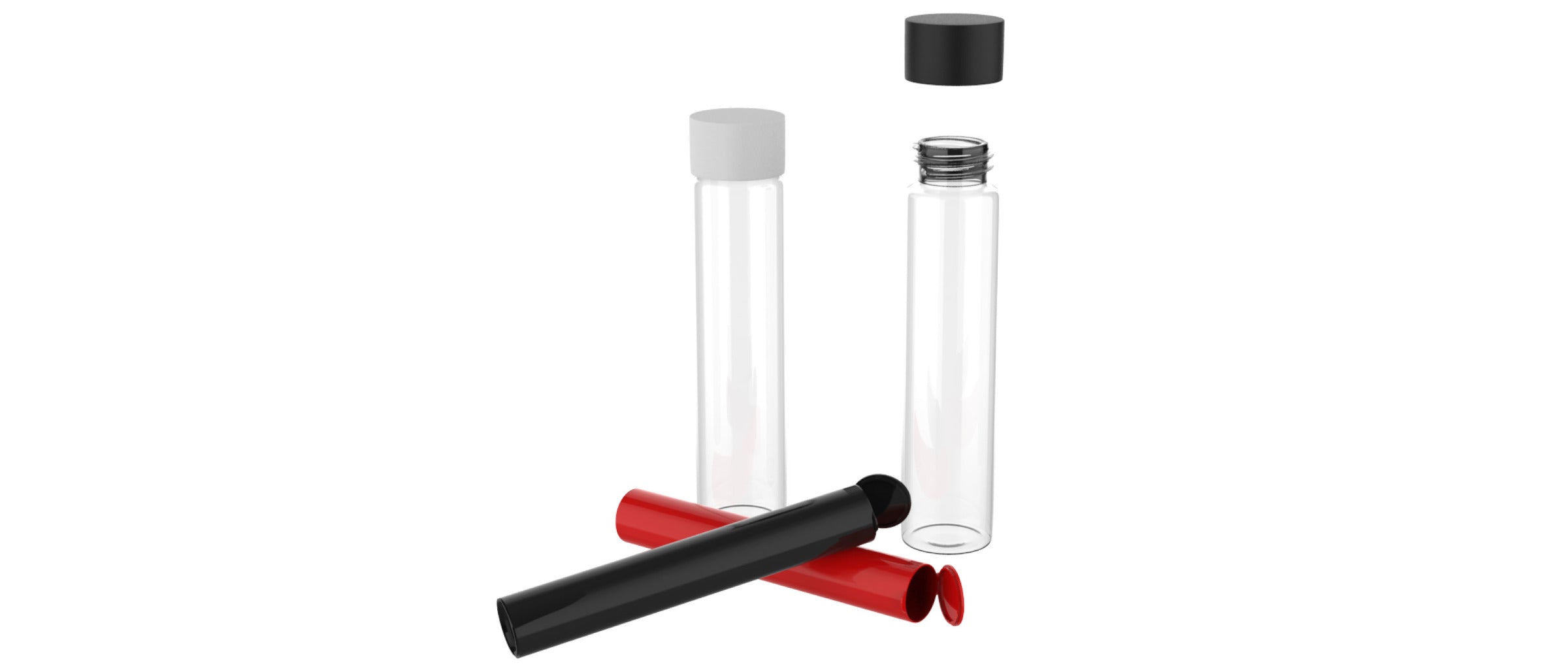 two clear glass tubes with white and black caps, and three opaque tubes in red and black
