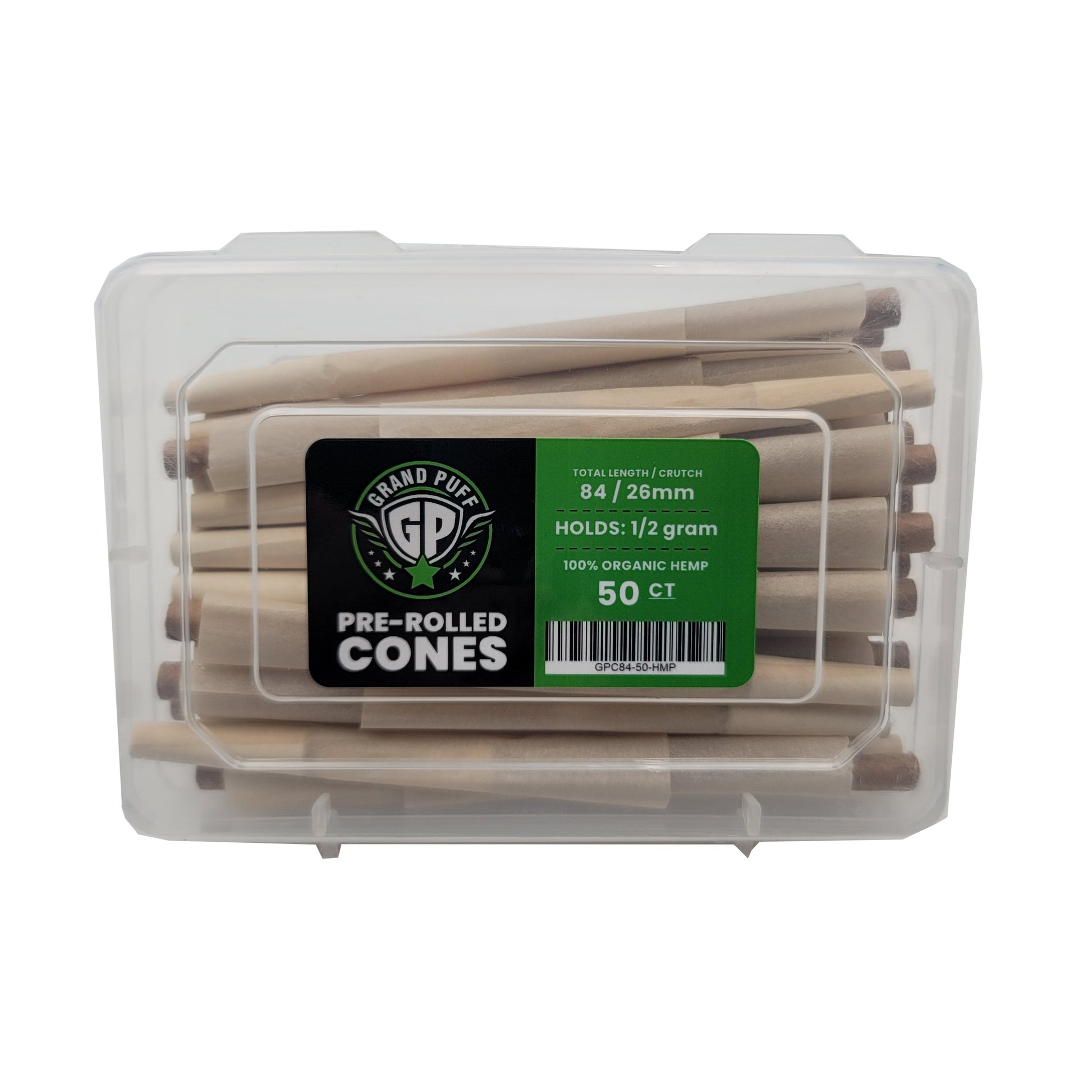 Grand Puff Premium 1 1/4 Size Pre-Roll Cones (84mm / 26mm filter) | Box of 50 Organic Hemp