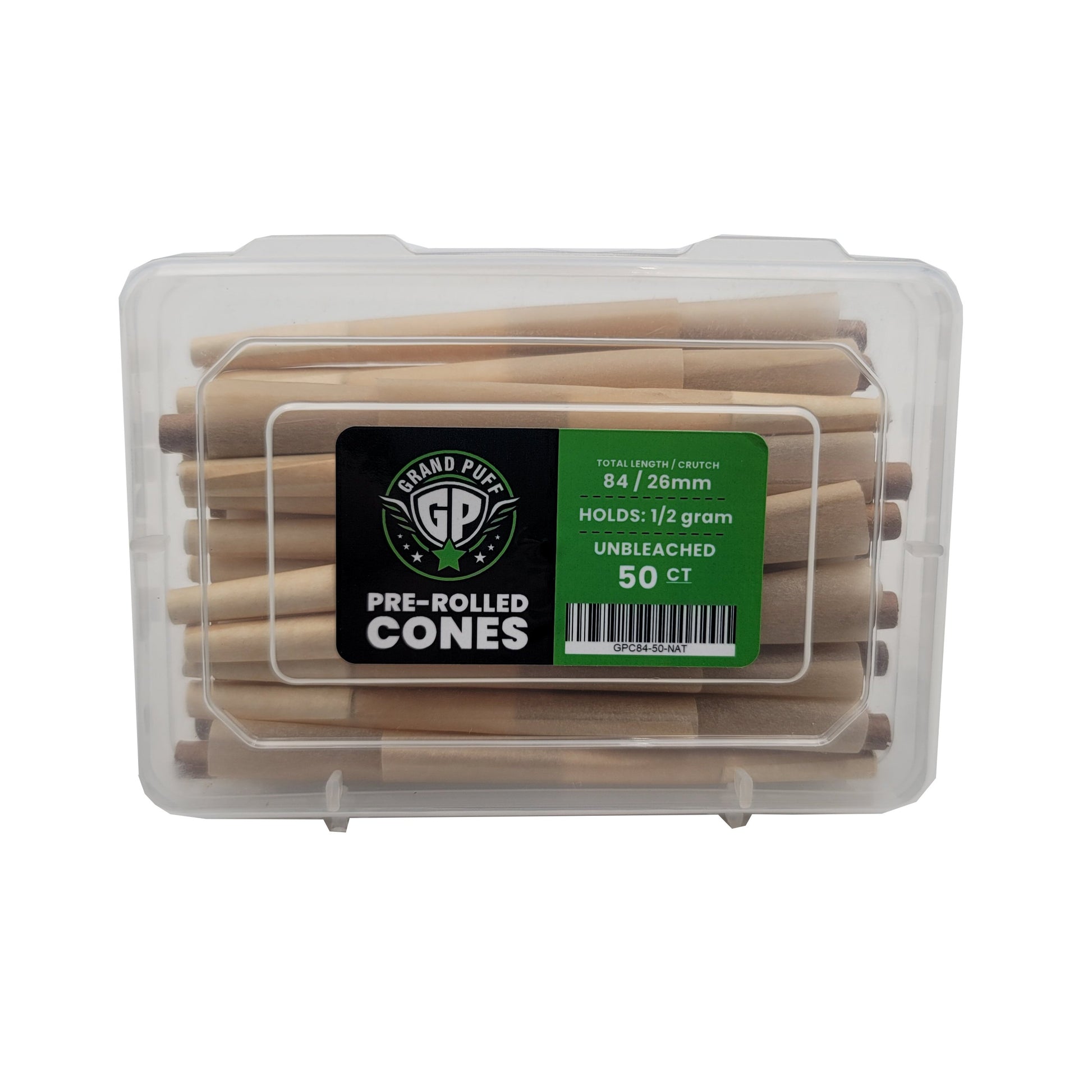 Grand Puff Premium 1 1/4 Size Pre-Roll Cones (84mm / 26mm filter) | Box of 50 Unbleached Natural