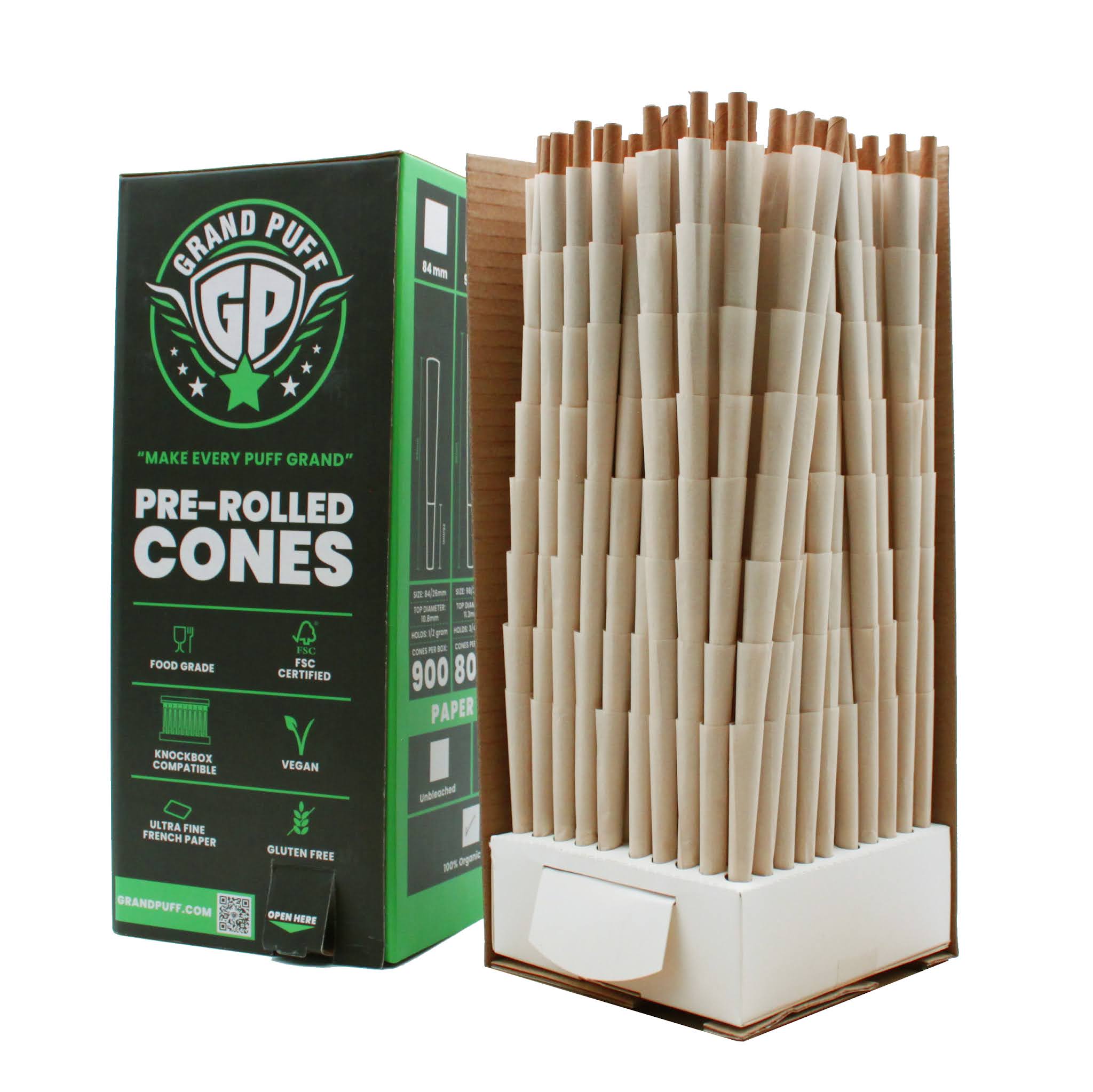Grand Puff Premium 1 1/4 Size Pre-Roll Cones (84mm / 26mm filter) | Box of 900