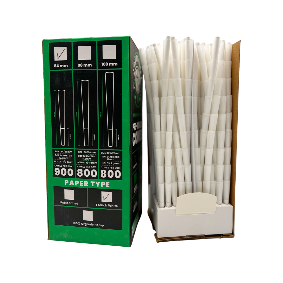 Grand Puff Premium 1 1/4 Size Pre-Roll Cones (84mm / 26mm filter) | Box of 900 French White