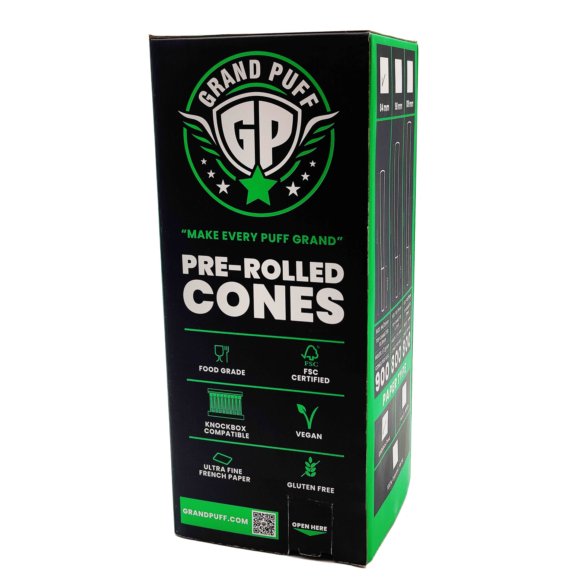 Grand Puff Premium 1 1/4 Size Pre-Roll Cones (84mm / 26mm filter) | Box of 900 Organic Hemp