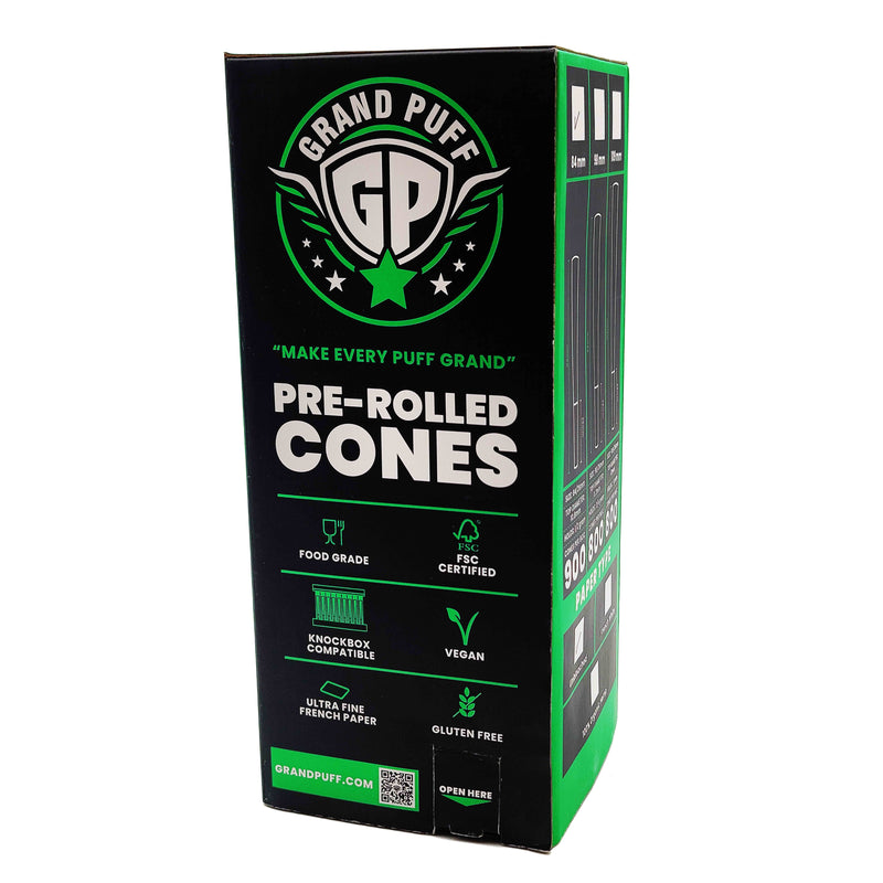 Grand Puff Premium 1 1/4 Size Pre-Roll Cones (84mm / 26mm filter) | Box of 900 Unbleached Natural