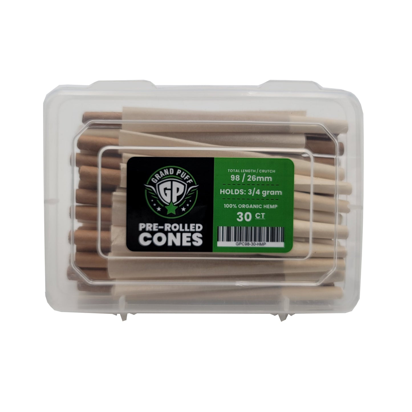 Grand Puff Premium Classic Pre-Roll Cones (98mm / 26mm filter) | Box of 30 Organic Hemp