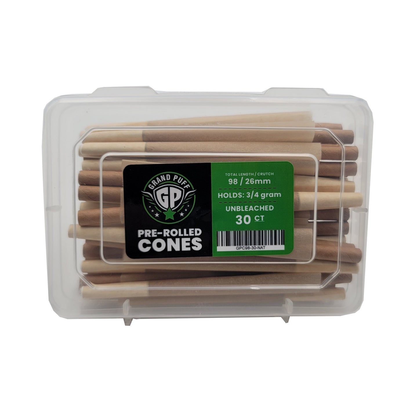 Grand Puff Premium Classic Pre-Roll Cones (98mm / 26mm filter) | Box of 30 Unbleached Natural