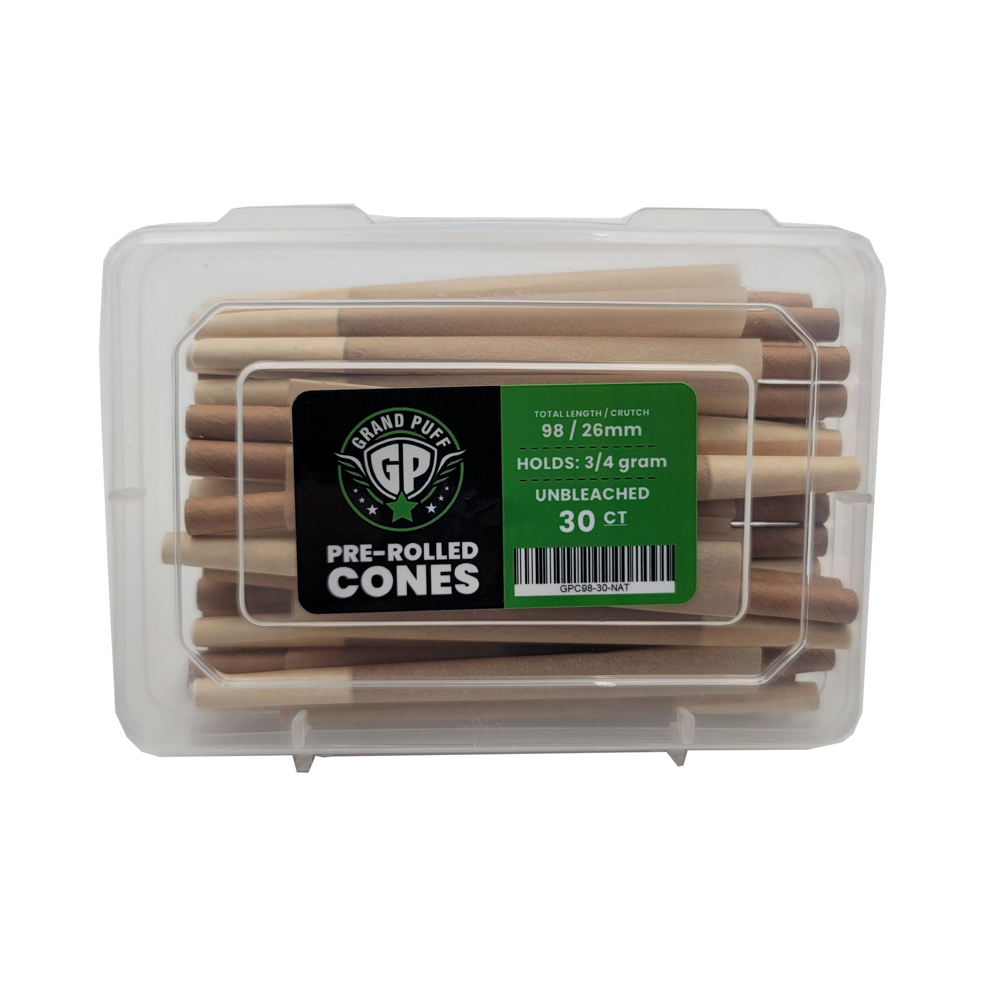 Grand Puff Premium Classic Pre-Roll Cones (98mm / 26mm filter) | Box of 30 Unbleached Natural