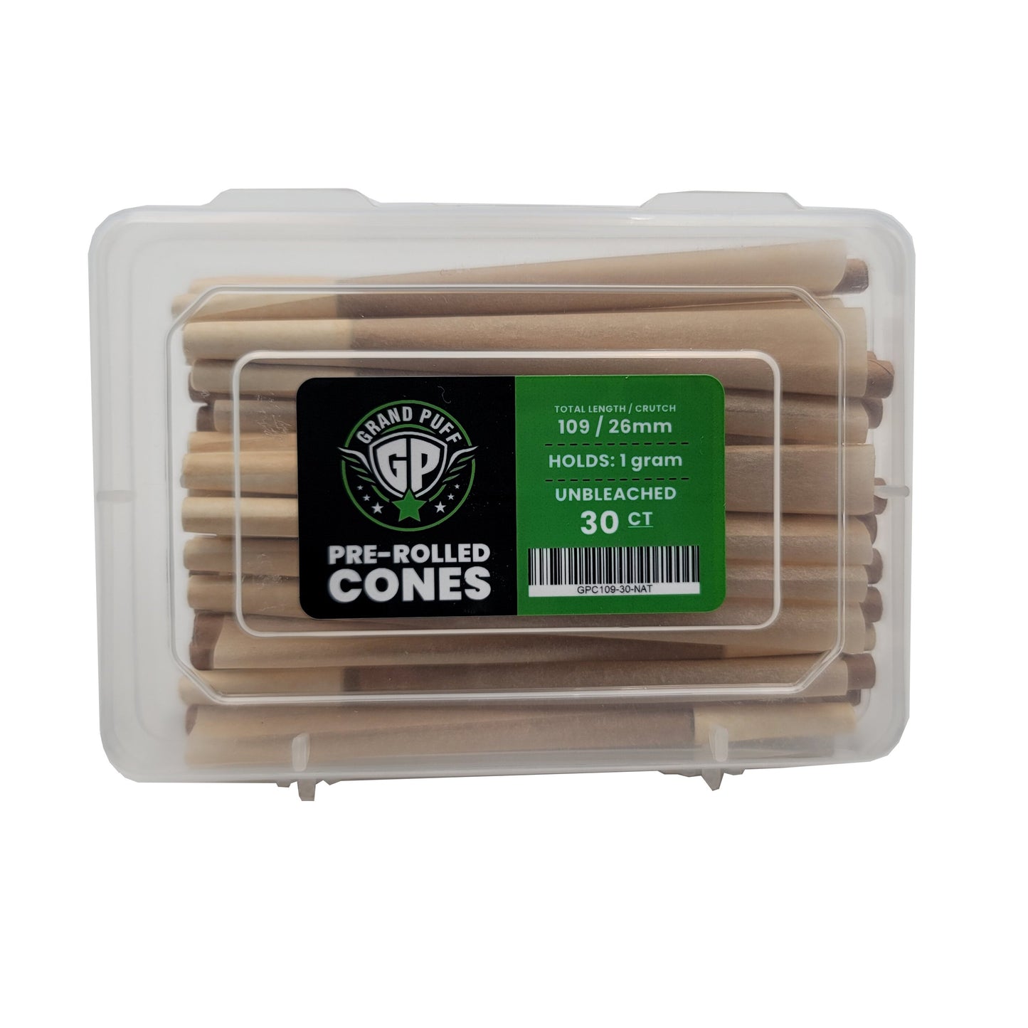 Grand Puff Premium King Size Pre-Roll Cones (109mm / 26mm filter) | Box of 30 Unbleached Natural