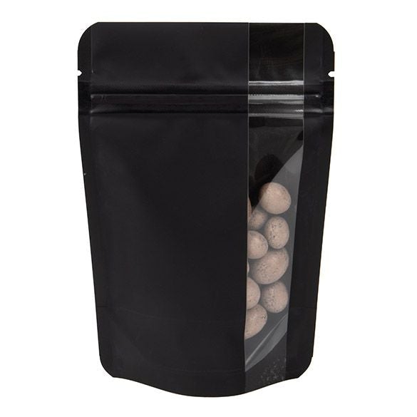 Matte Black Stand Up Zipper Bag with Vertical Window (1 ounce of flower?)