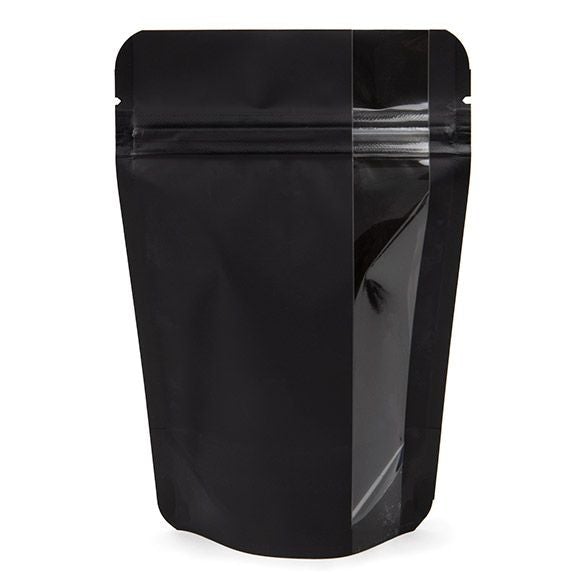 Matte Black Stand Up Zipper Bag with Vertical Window (1 ounce of flower?)