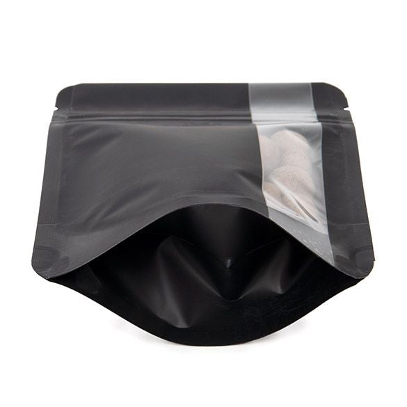 Matte Black Stand Up Zipper Bag with Vertical Window (1 ounce of flower?)