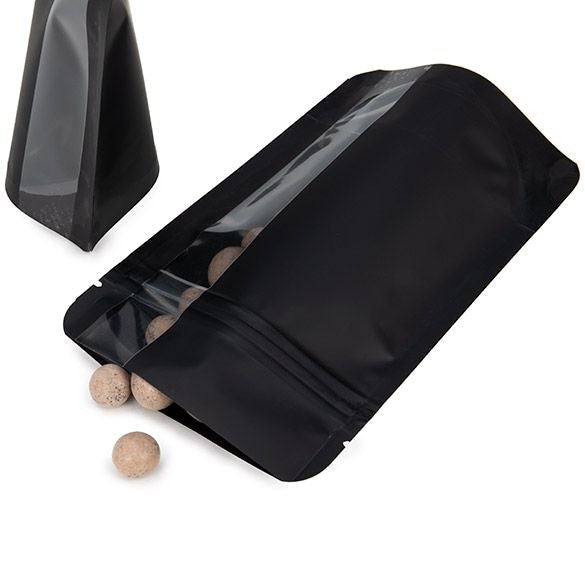 Matte Black Stand Up Zipper Bag with Vertical Window (1 ounce of flower?)